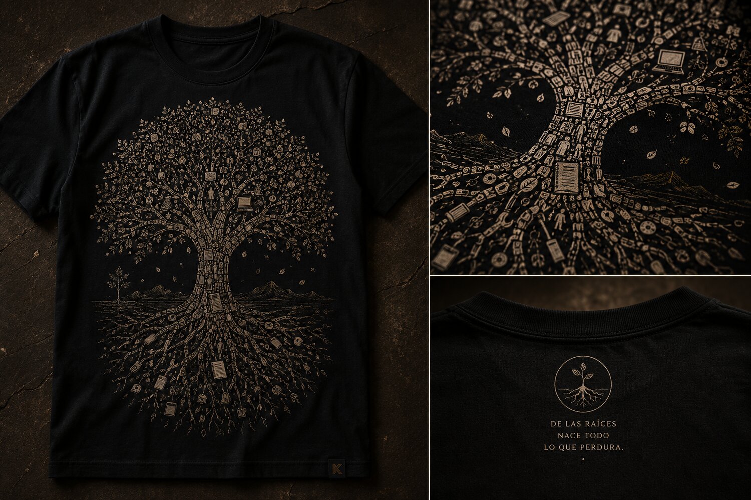 Colección Raíz — playera Día Uno en tres vistas: frente, detalle y nuca