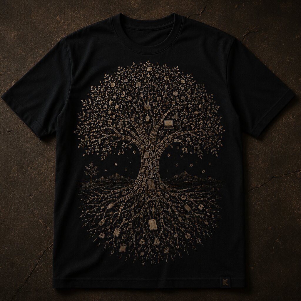 Playera Día Uno — árbol dorado hecho de cientos de objetos